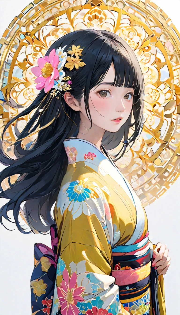 (((White Background、White world)))、2、unity 8k wallpaper、Very detailed、beautifully、aesthetic、masterpiece、Highest quality、(Tangle、Mandala、Tangle、Tangle)、(Fractal Art:1.3)、One Woman、Beautiful black hair、Japanese、Big pink、Yellow kimono、Japanese...
