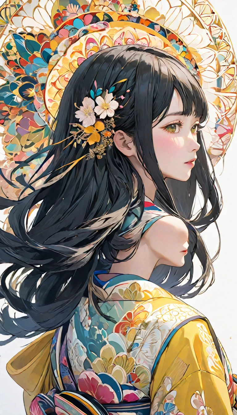 (((White Background、White world)))、2、unity 8k wallpaper、Very detailed、beautifully、aesthetic、masterpiece、Highest quality、(Tangle、Mandala、Tangle、Tangle)、(Fractal Art:1.3)、One Woman、Beautiful black hair、Japanese、Big pink、Yellow kimono、Japanese...