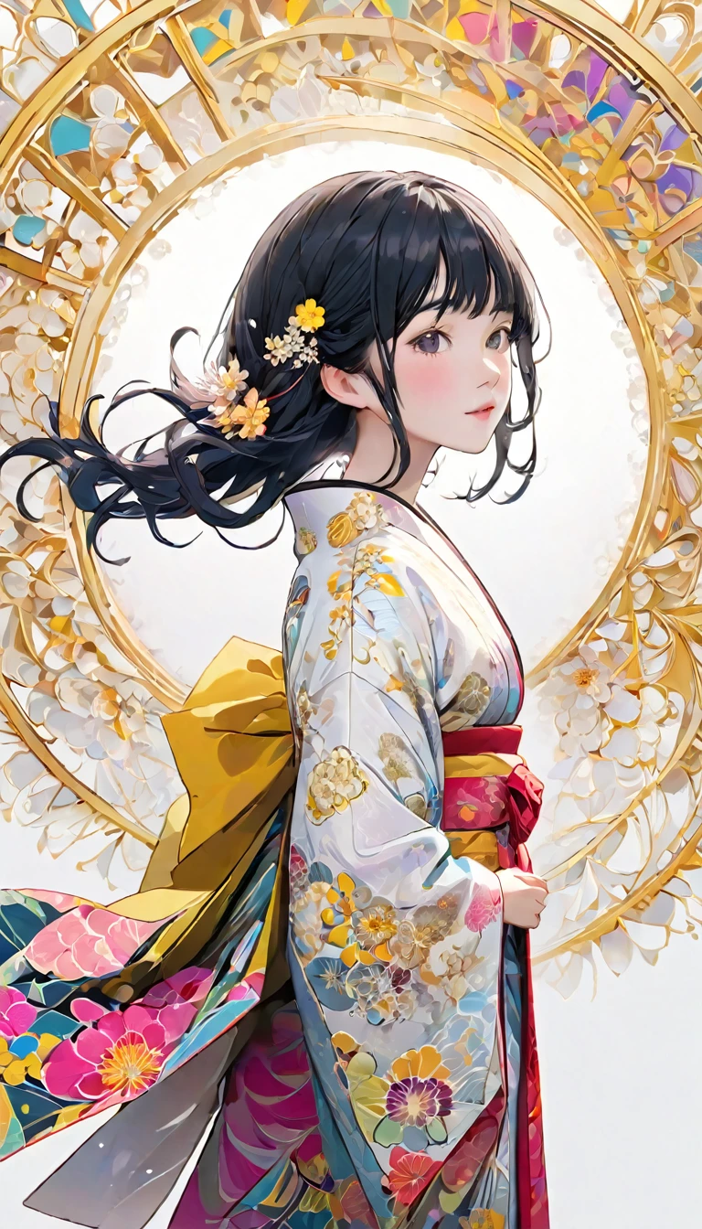 (((White Background、White world)))、2、unity 8k wallpaper、Very detailed、beautifully、aesthetic、masterpiece、Highest quality、(Tangle、Mandala、Tangle、Tangle)、(Fractal Art:1.3)、One Woman、Beautiful black hair、Japanese、Big pink、Yellow kimono、Japanese...