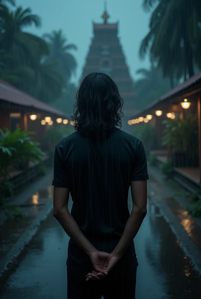 24 year's men, long wave hair, rainy season, men back shot, black shirt &black pant, 176 cm tall,night image,holding his hands, no lights,kerala temple 