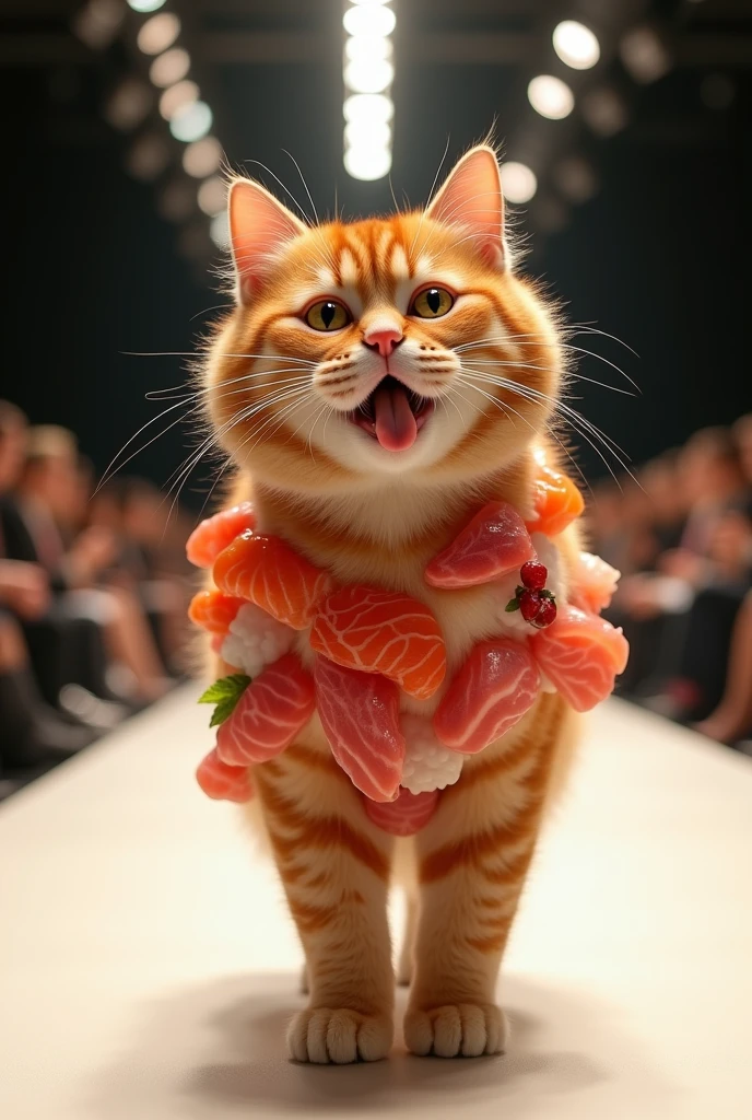 (photorealism:1.2), a cute ginger cat wearing sashimi all over the body walking on the runway while salivating