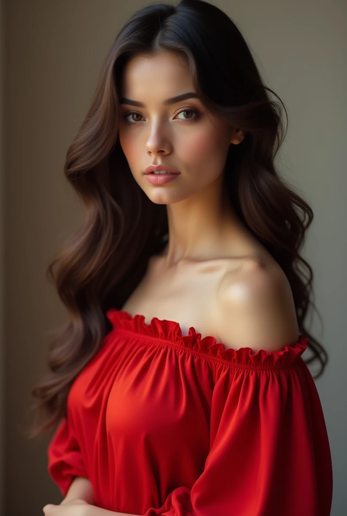 Beautiful woman with pretty eyes  wearing red top