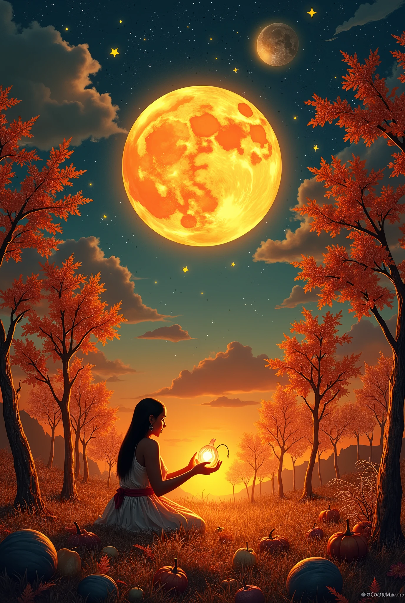 A photo of a space with a corn moon with trees on fire with indigina shrinking fruits of moons and stars
