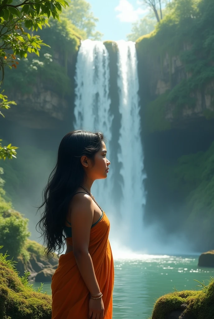 Indian Chubby girl into tha Waterfall back profile realistic image