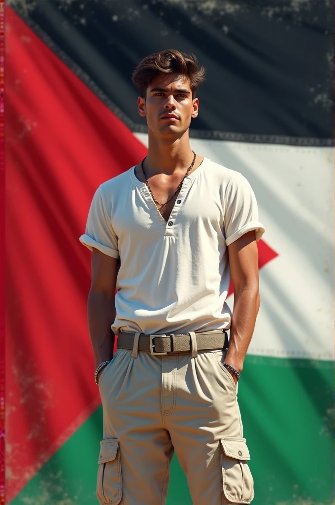 Palestine flag full background and a handsome boy is standing after that background wearing white lose shirt with parashoot trousers clear and realistic inhance