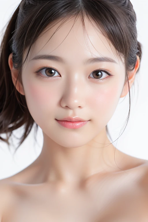 (Highest quality、Tabletop、8k、Best image quality、Award-winning works)、(Face close-up:1.2)、(Pure white background:1.2)、(nude:1.1)、Closed lips、Perfect beautiful face、Glowing Beautiful Skin、Perfect Makeup