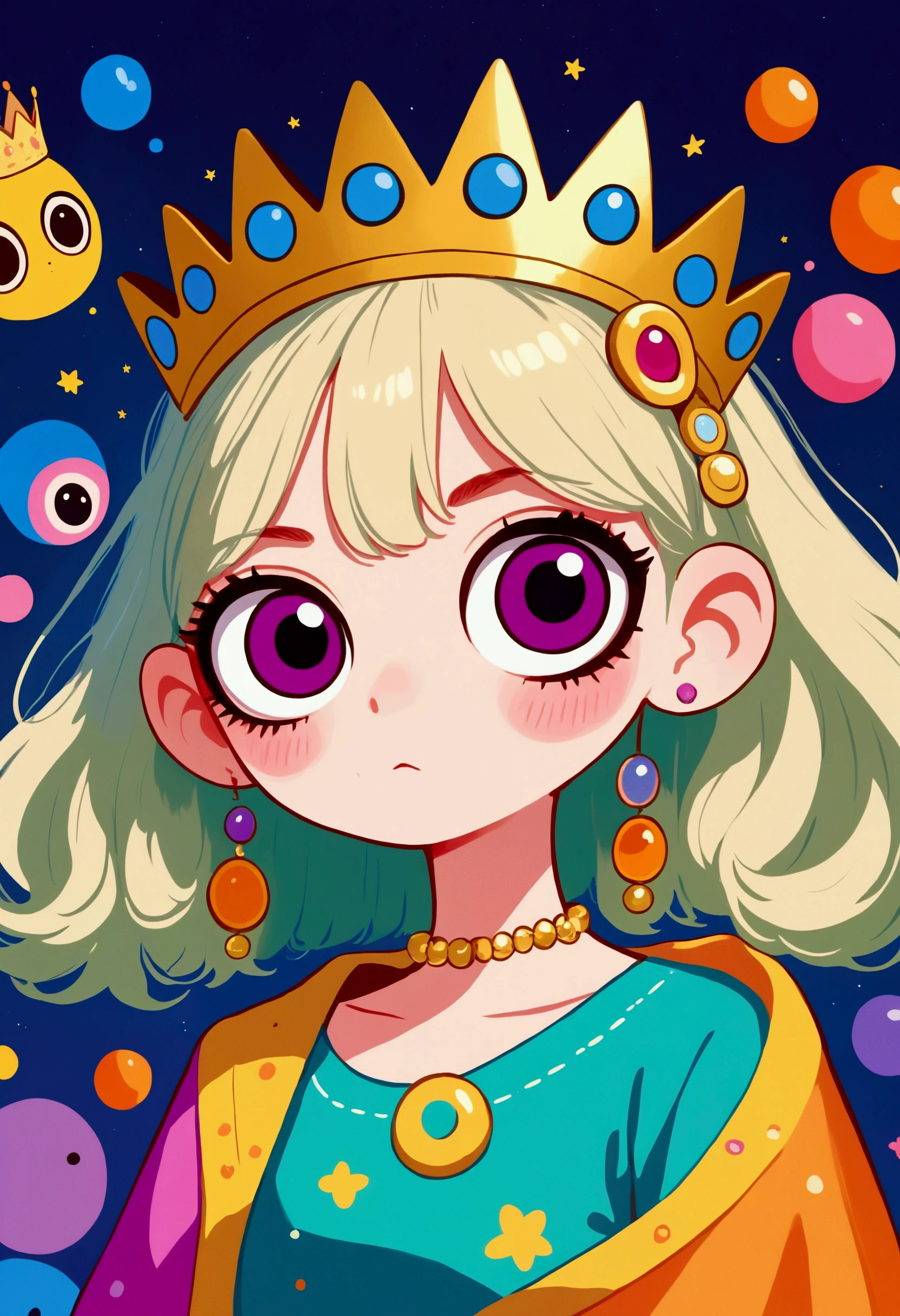 big eyes、cartoon girl with a crown on her head, rich and colorful illustration, cute cartoon, Lovely art style, rich and colorful! role conception, Hand drawn cartoon art style, Lofi art style, rich and colorfull illustration, Fantasy psychedelic anime, Retro anime girl, The art of math. rich and colorful comic, 2D Illustration