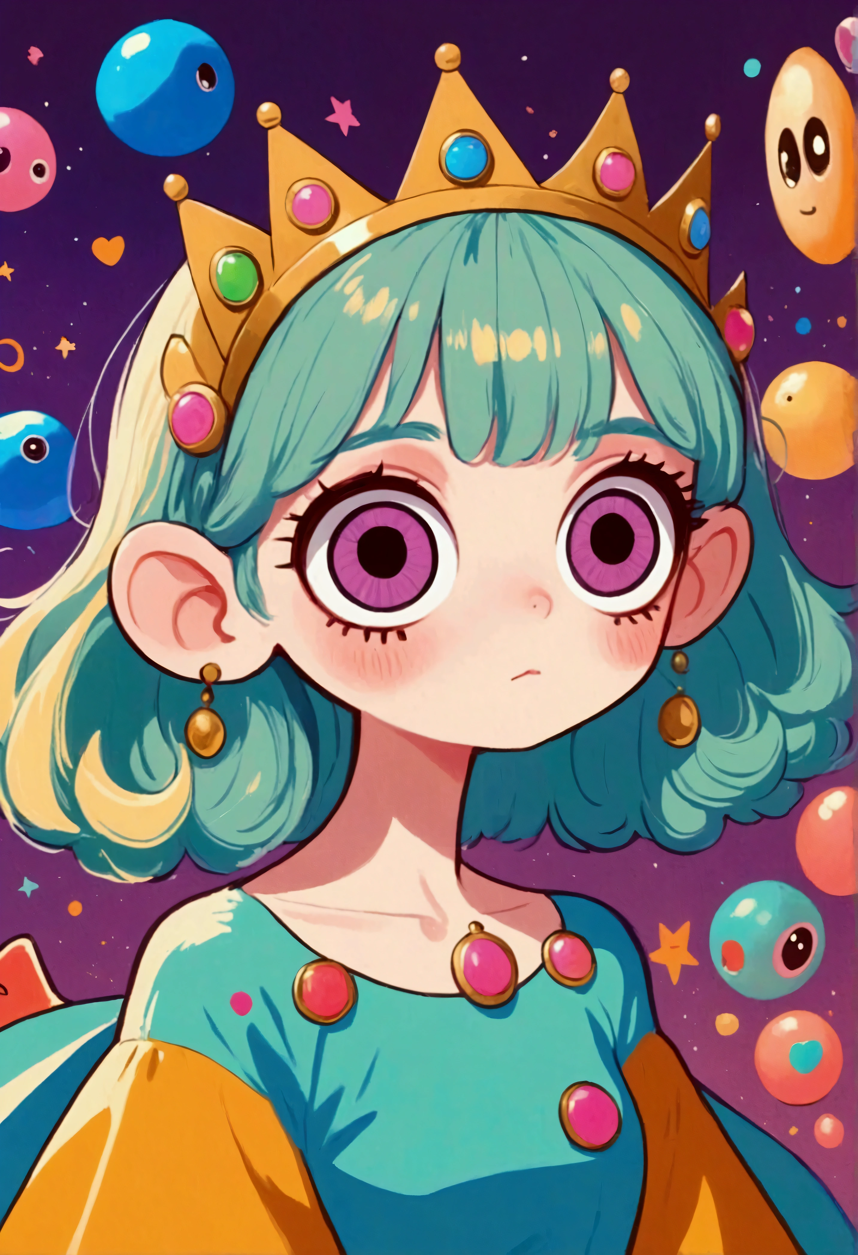 big eyes、cartoon girl with a crown on her head, rich and colorful illustration, cute cartoon, Lovely art style, rich and colorful! role conception, Hand drawn cartoon art style, Lofi art style, rich and colorfull illustration, Fantasy psychedelic anime, Retro anime girl, The art of math. rich and colorful comic, 2D Illustration