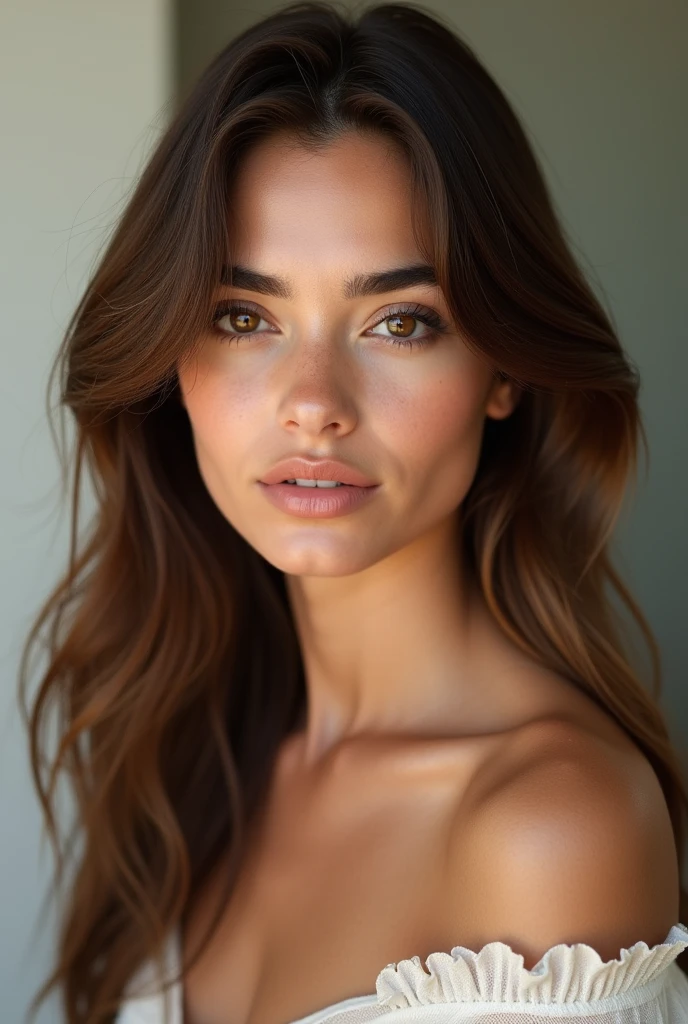 Une fille de , typée italienne, très jolie avec des yeux noisettes, une peau légèrement bronzée, avec des joues non creusées et des cheveux bruns qui pose de face