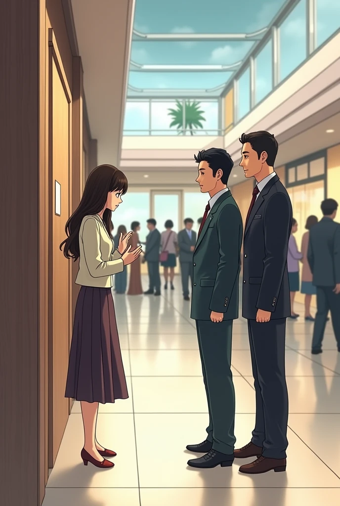 a woman bowing two people a man and women outside the restroom of the mall