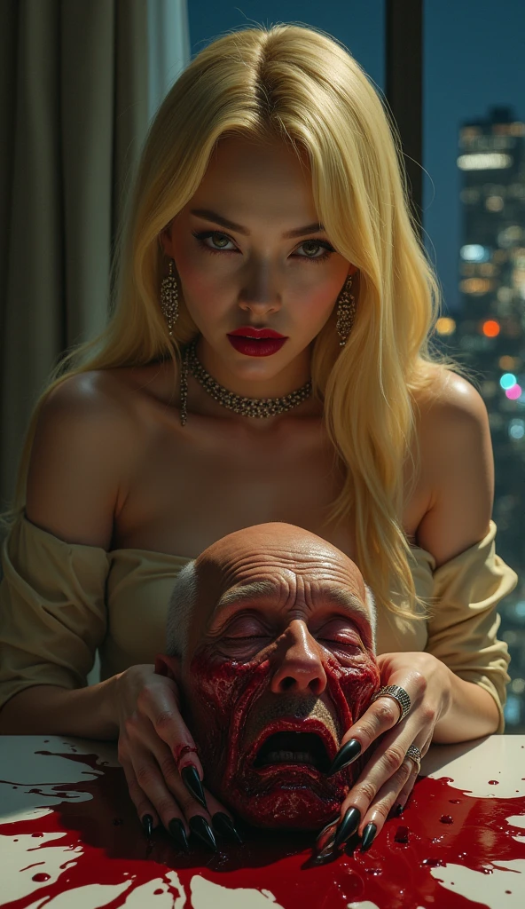 (((photorealistic:1.4))), ultra realistic, pores, (((masterpiece))),high quality, ultra details, realistic white skin beautiful face pretty korean idol adult smilling bloody woman showing long sharp black fingernails, model, very pretty, vein on hands, wearing sexy outfit, pretty long legs, ring on fingers, long yellow hair,  long earrings, big necklace, grabbing neck of painful expression of realistic ugly old man head tied up on the post with throat ripped, blood splatter everywhere, extreme ????, looking at camera, night, luxury modern hotwl room with torture device on the table, big window, high building, new york, beautiful lights, looking at camera, 