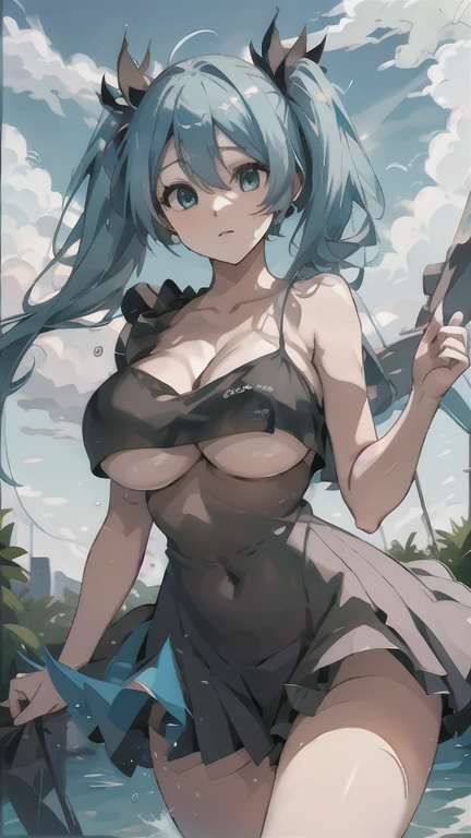 a beautiful detailed (Hatsune Miku) with huge breasts, cowgirl pose, hyperrealistic, 8k, highly detailed, intricate details, pecho enormes, giga breasts,