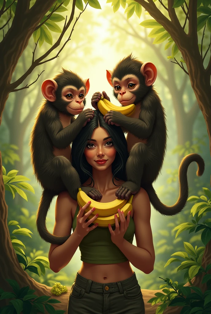 2 monkeys are eating bananas on a woman's back in the forest