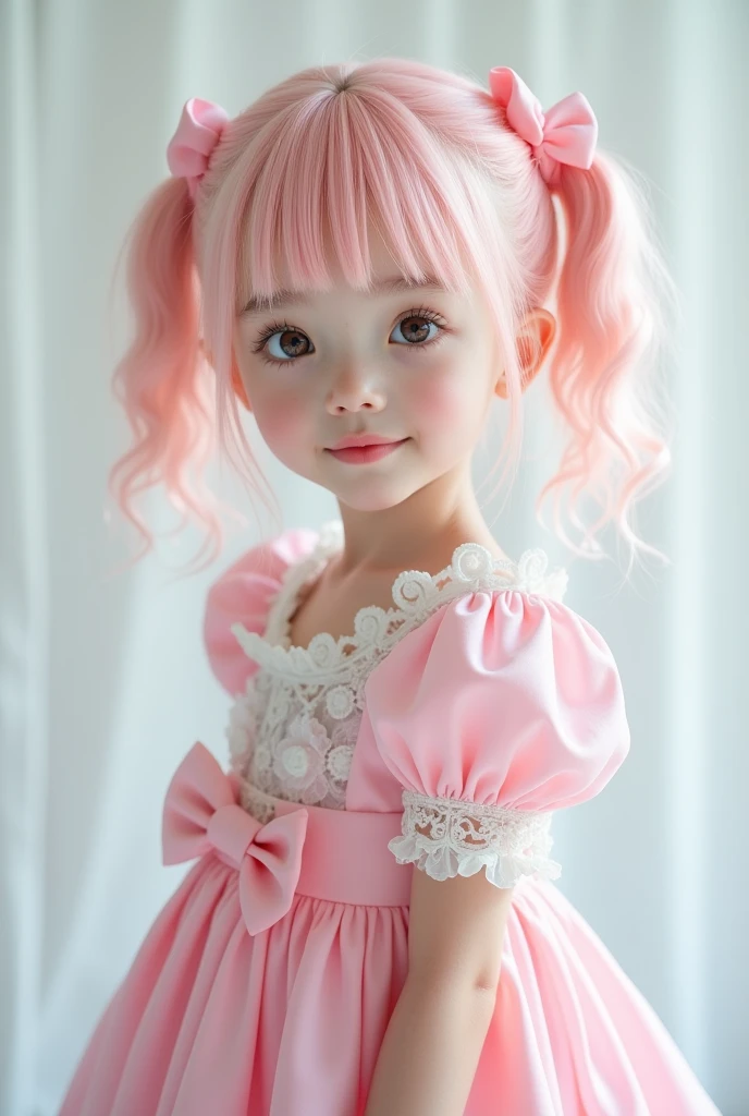 Super delicate cute girl wearing a ta dress with pink hair. 8K ultra-high image quality, delicate texture, pure white background.