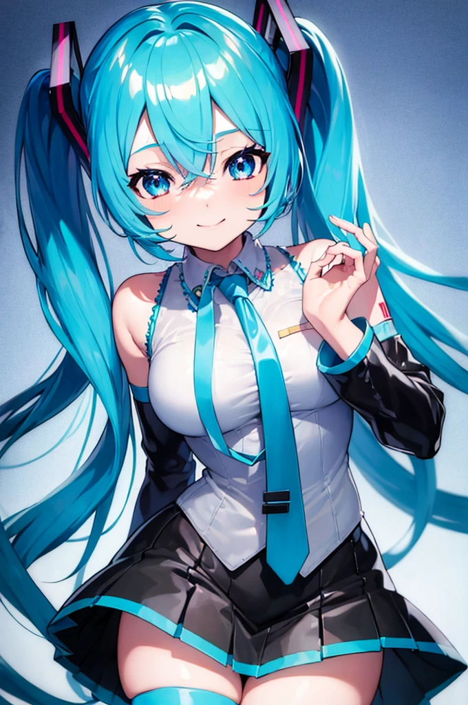 (((masterpiece))), ((Highest quality)), mikudef, 1 person,Cowboy Shot, One Woman, alone,Detailed face、Glowing Skin、Light blue hair、Light blue eyes、latex、Grey shiny sleeveless shirt、Very large breasts、Thick legs、Are standing、smile、