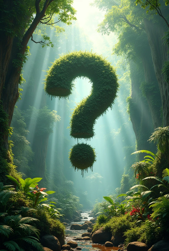 A 3D question mark in the middle of a large rainforest with colourful big trees