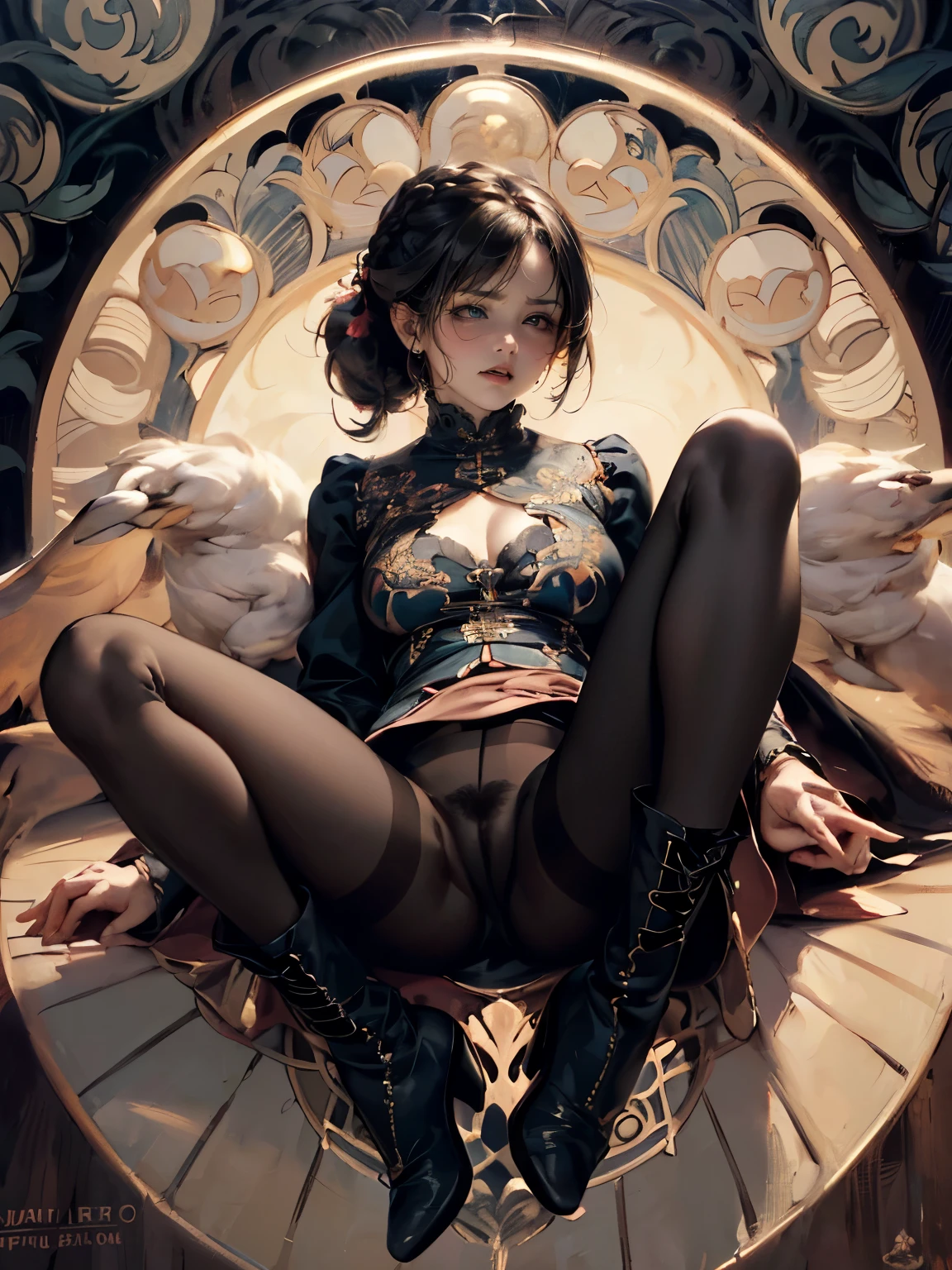 (styled oil painting image), (((round face))), drooping eyes, shame, a young housewife, (focus on her mouth, ecstasy face, lewd girl, casual clothes, open legs, ((dark crotch, dark black pantyhose and pubic hair))), braid, (((art nouveau))), eccentric pose, long boots,