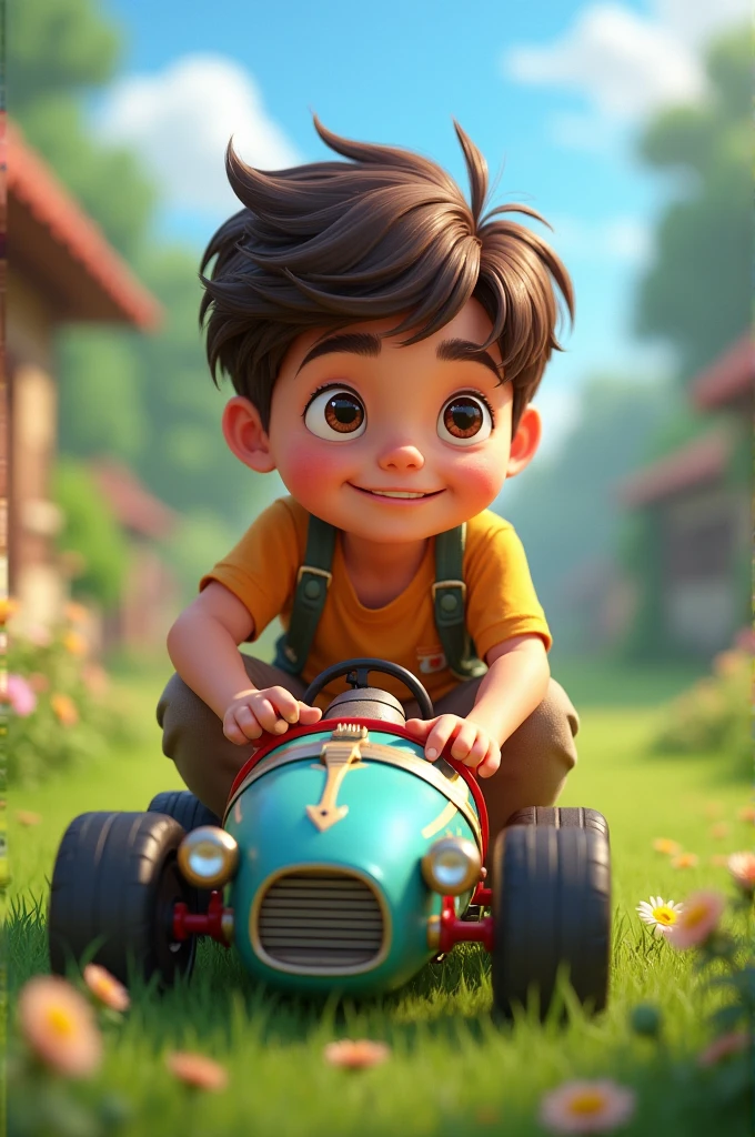 A boy with a beautiful day playing with car