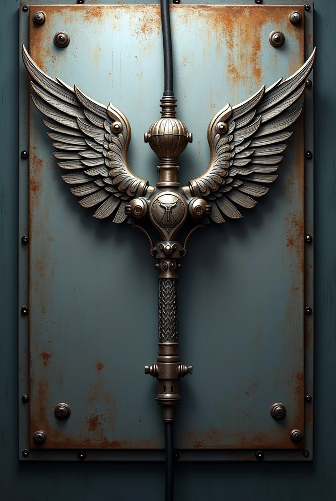 Custom style winged airbrush with hose suspended on a metal plate background and letters that say Happy Airbrush Day