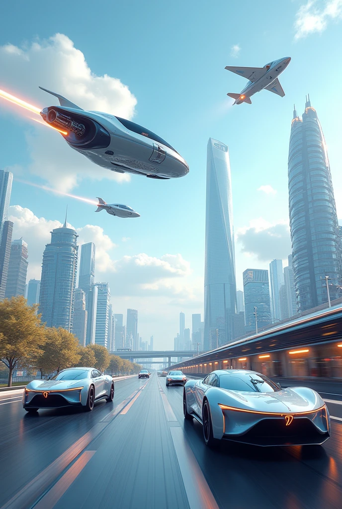 Futuristic automotive electric cars, motorcycle, autonomous train, flying vehicle