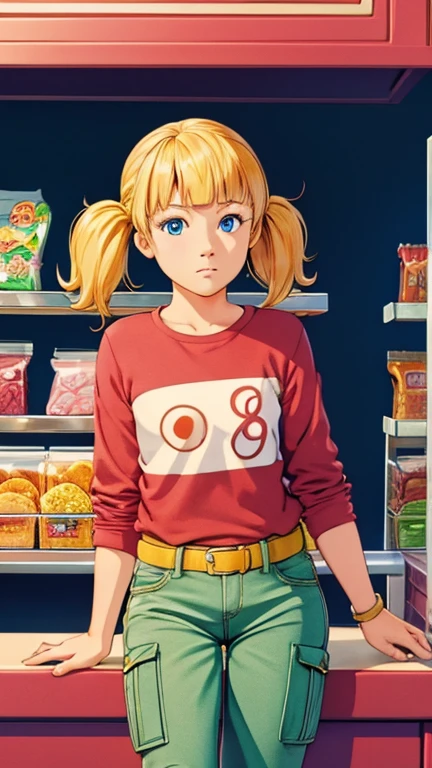 (1girl, penny), (extremely detailed CG unit 8k wallpaper),(master part), (best quality), (ultra detail), (best illustration),(candyland), cowboy shot, (Sharp eyeliner, ombre, detailed eyes:1), at the front of candy display, indoor, full background, break , (Tsukasa-Hojo-Style), upper body, blonde hair, twintails, blunt bangs, blue eyes, red shirt, (white reinforced knee green pants)