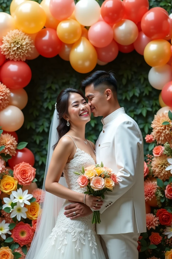 Real pinoy pinay wedding couple with attire gown with baloons flowers shape Heart flowers