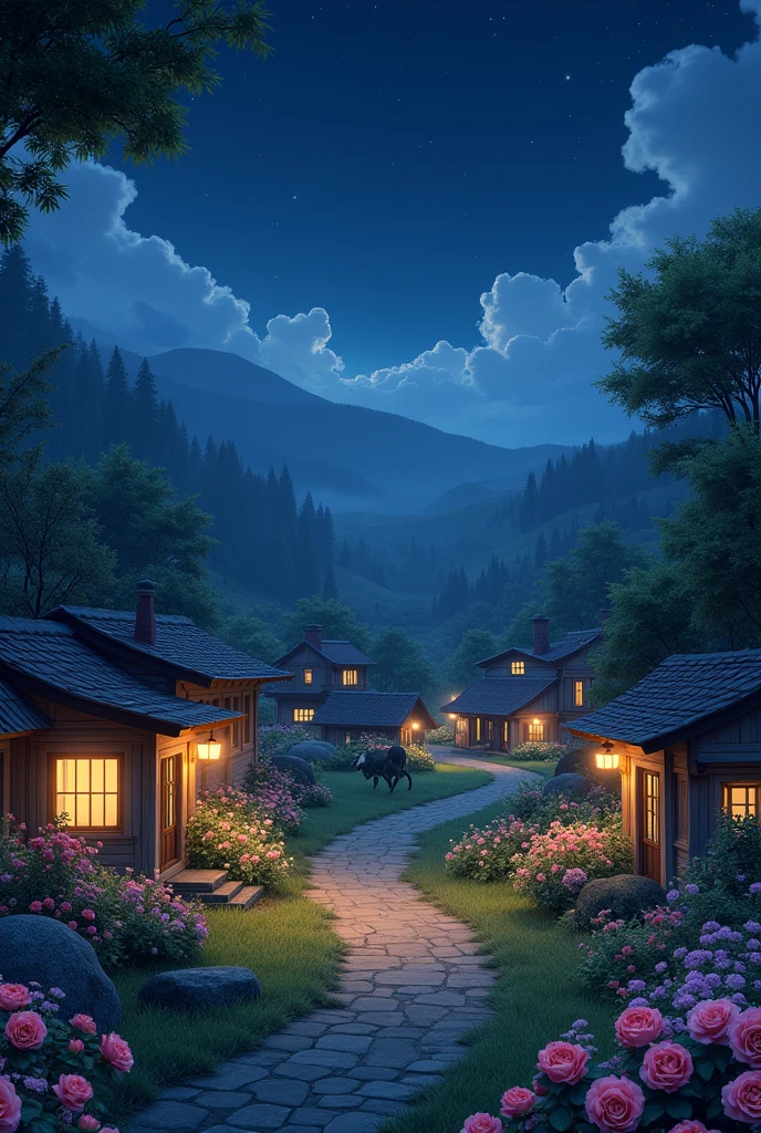 Villeg in cow . Night . Flowers . ultra high quality