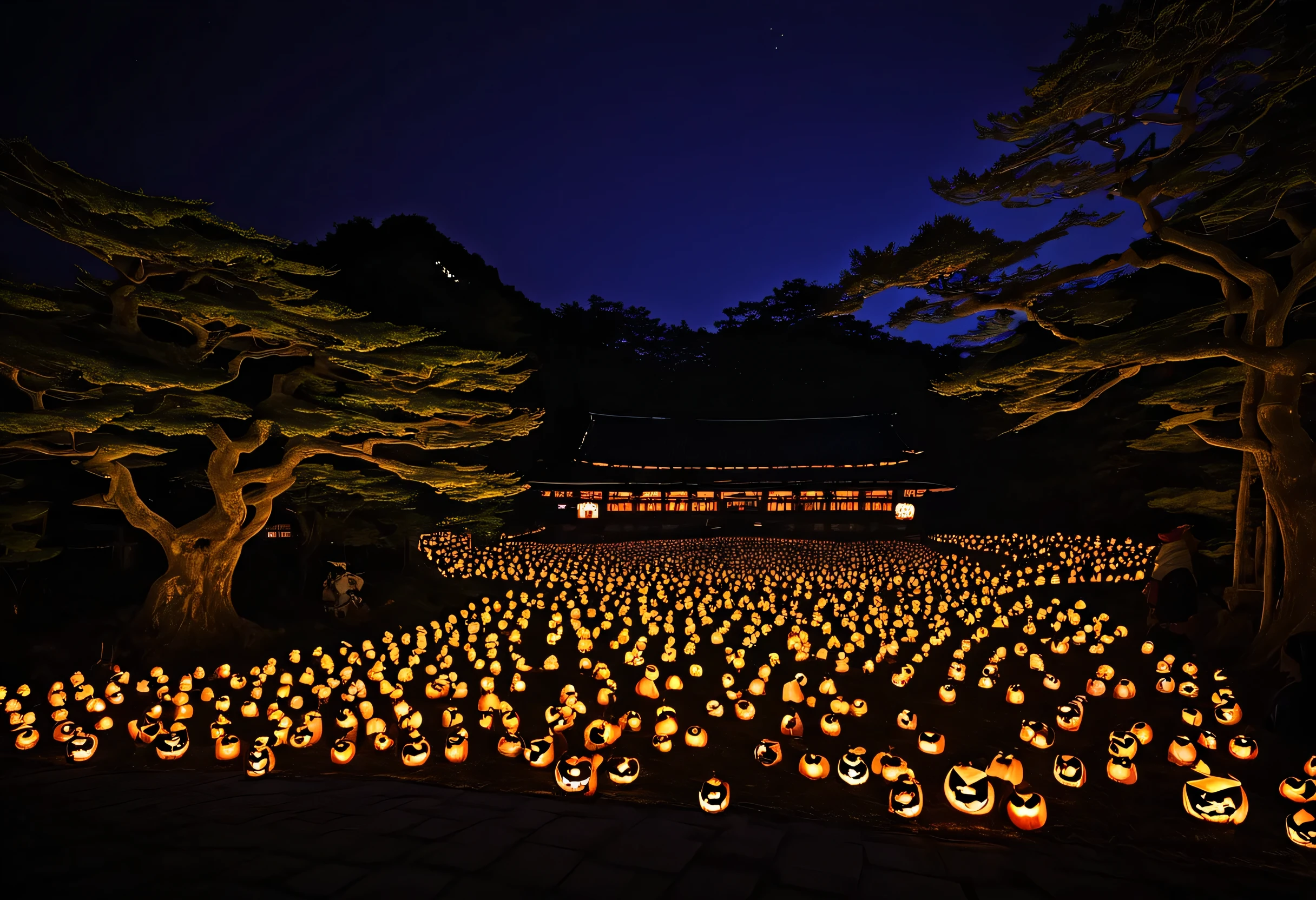 In a castle town during Japan's Sengoku era, a Halloween spell brings the streets to life, illuminated by lanterns and pumpkin lights. Brave samurai, stealthy ninjas, and mystical yokai all join in the celebration. On this magical night, where history meets fantasy, an enchanting landscape unfolds.