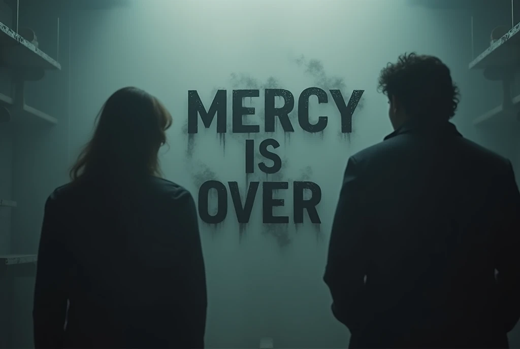 "La misericordia è finita.", rappresenta questa frase in stile "pennellate di colore". Suspended in the air between scene and the viewer, a translucent, almost ghostly black message reads exactly: "Mercy is over!". The text appears as if it's floating, blurred at the edges, with the letters formed from a faint mist or dark black smoke that lingers in the space. The smoky words are readable, though not overly bright, hovering just in front of his gaze, creating a surreal yet powerful effect. Text exactly says: "Mercy is over!". Text says: "Mercy is over!". semi-transparent text that reads 'Mercy is over!' in a dramatic, bold font. The text almost acts as a title, floating in the air, partially obscuring the scene but enhancing the overall tension and urgency of the moment.