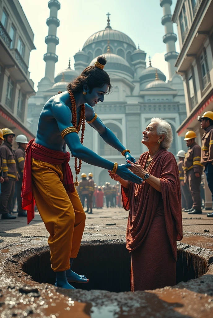Lord krishna helping a old women  from big dirty manhole infront masjid india kuala lumpur k9 dogs, fire fighters and people standing around