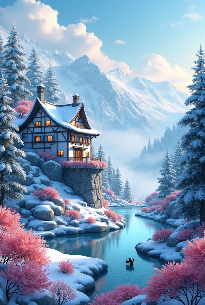 A beutiful  house  ice on mountain near to rever and rever outside 100 flowers and clouds and morning time and beautiful trees and 1 panda  