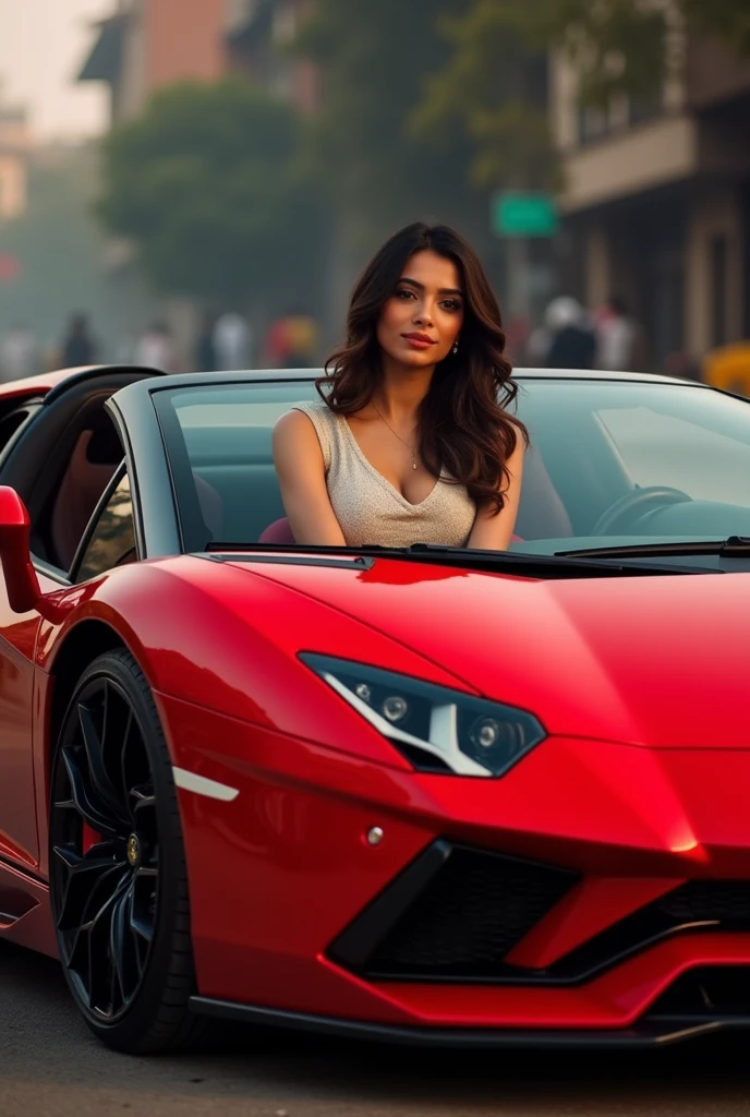 Red colour Lamborghini Shraddha Kapoor sitting a bonut