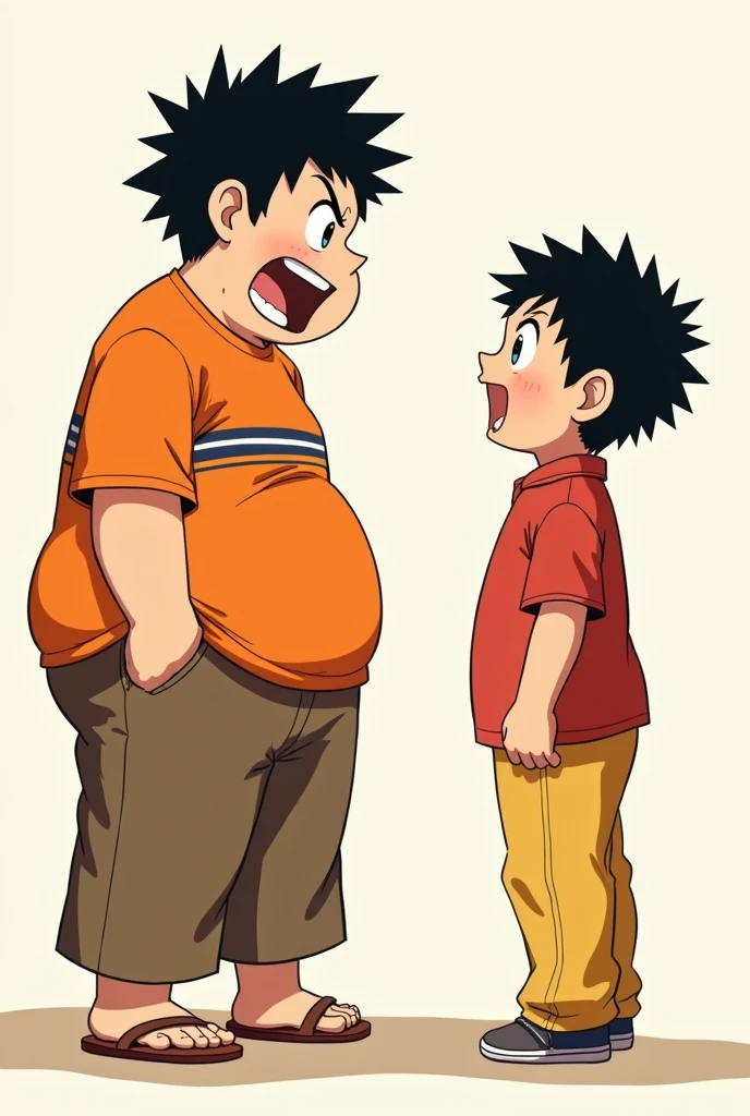 A chubby guy who is a teenager with orange full hand shirt with a stripe in middle of the shirt and brown pants shouts at a kid who is wearing red shirt and yellow trousers who is
Both of them are japanese characters . The red ??? is shorter
