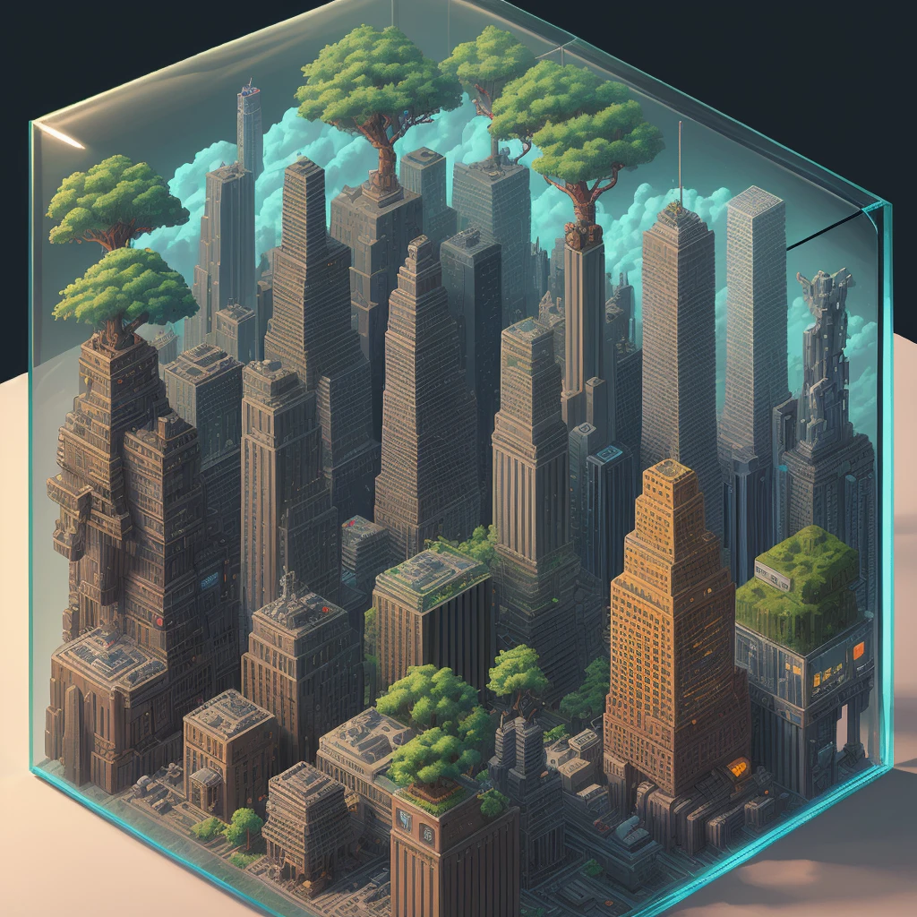 Iso-Pixel, trees, clouds, sci-fi city, vehicles, inside glass box