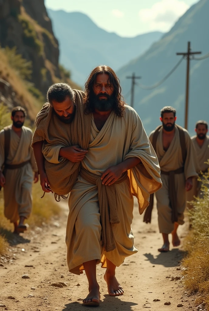 Jesus Christ, struggling up a steep, mountainous dirt road with a ,A havy fatty Guy on his shoulder. He is visibly tired and sweating, with tears streaming down his face.and he is crying Villagers from the small mountain village are watching him intently, with expressions of concern and curiosity. The scene is set against a rugged, mountainous backdrop with a rustic, rural atmosphere."4k ultra realstick hd