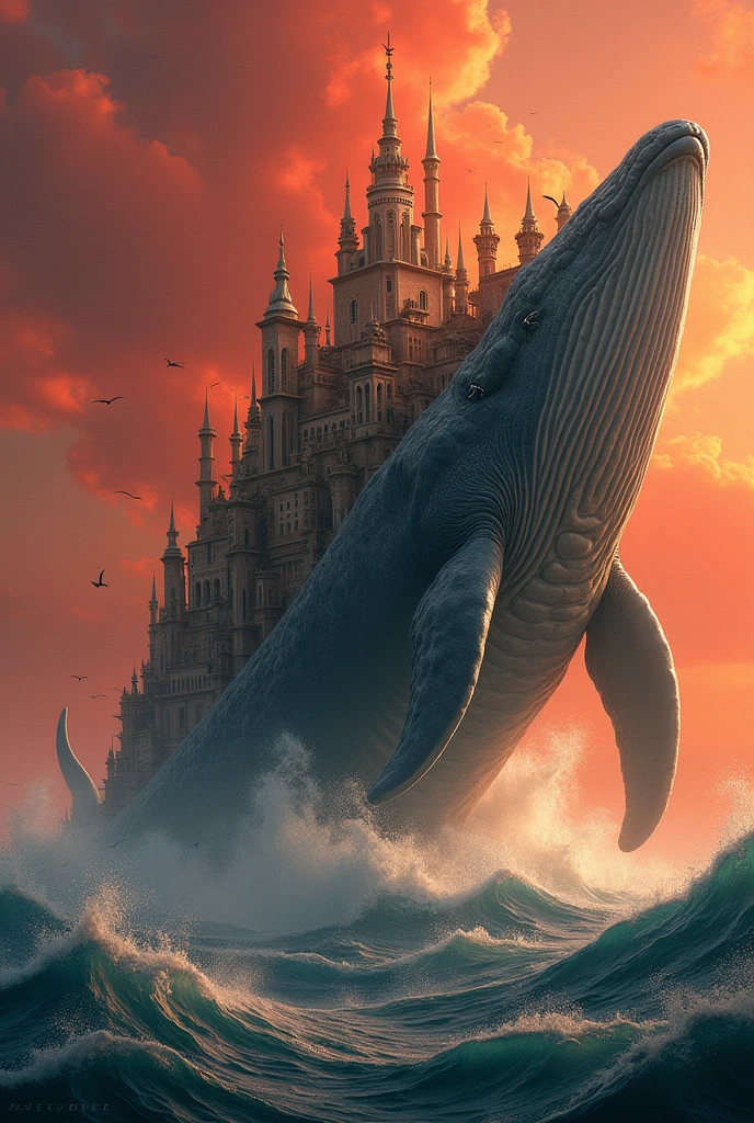 A large whale in profile, carries on its back a Renaissance-style city, a red ocean with waves.