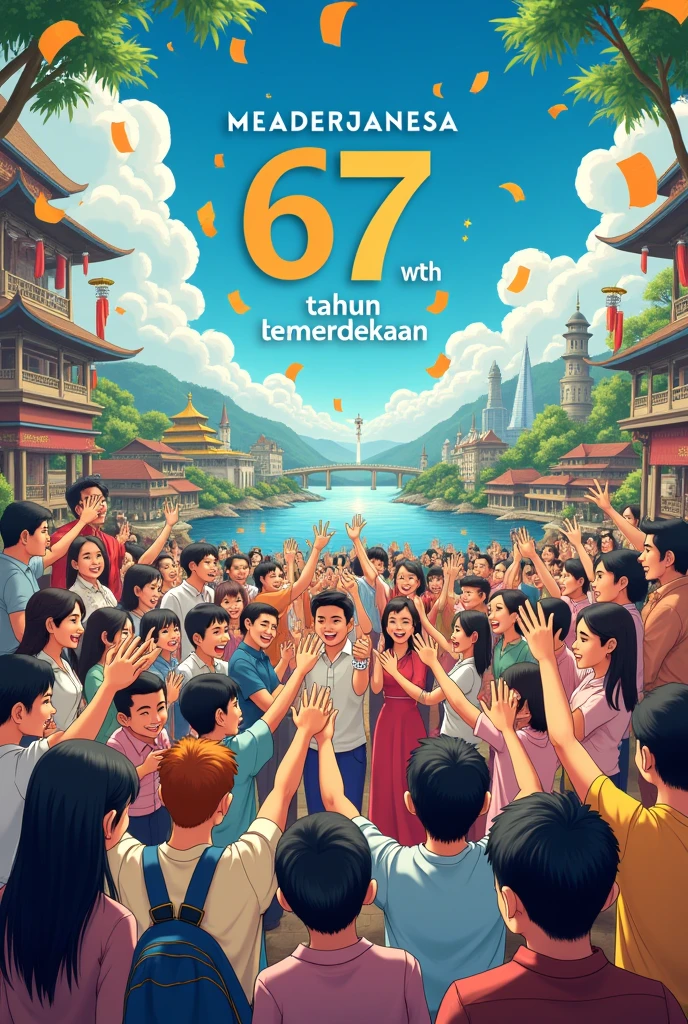 Poster, in bahasa Malaysia, Malaysia, independence day, shows unity of people in different races, anime style, with slogan " 67 Tahun Kemerdekaan" .
