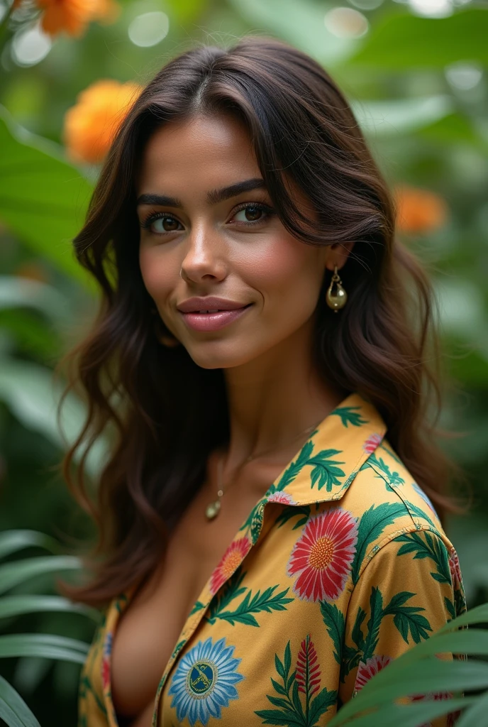 A Brazilian woman in a lush tropical garden, wearing an open shirt with a floral print, with a close-up capturing the harmonious beauty between her breasts and the natural flowers, showing off your natural charm and outgoing personality.