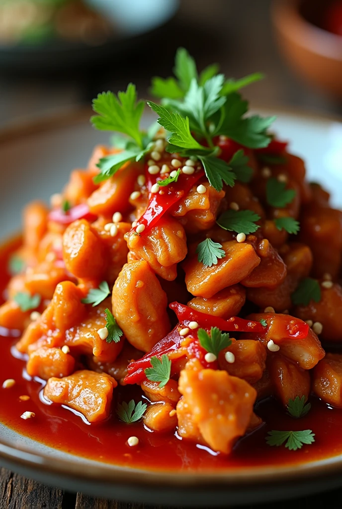 Crushed chicken with lots of chili sauce on top