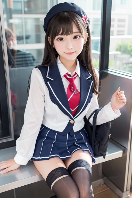 cute、high school girl、Idol、uniform、blazer、mini skirt、stockings、See-through、Fluttering in the wind、sit