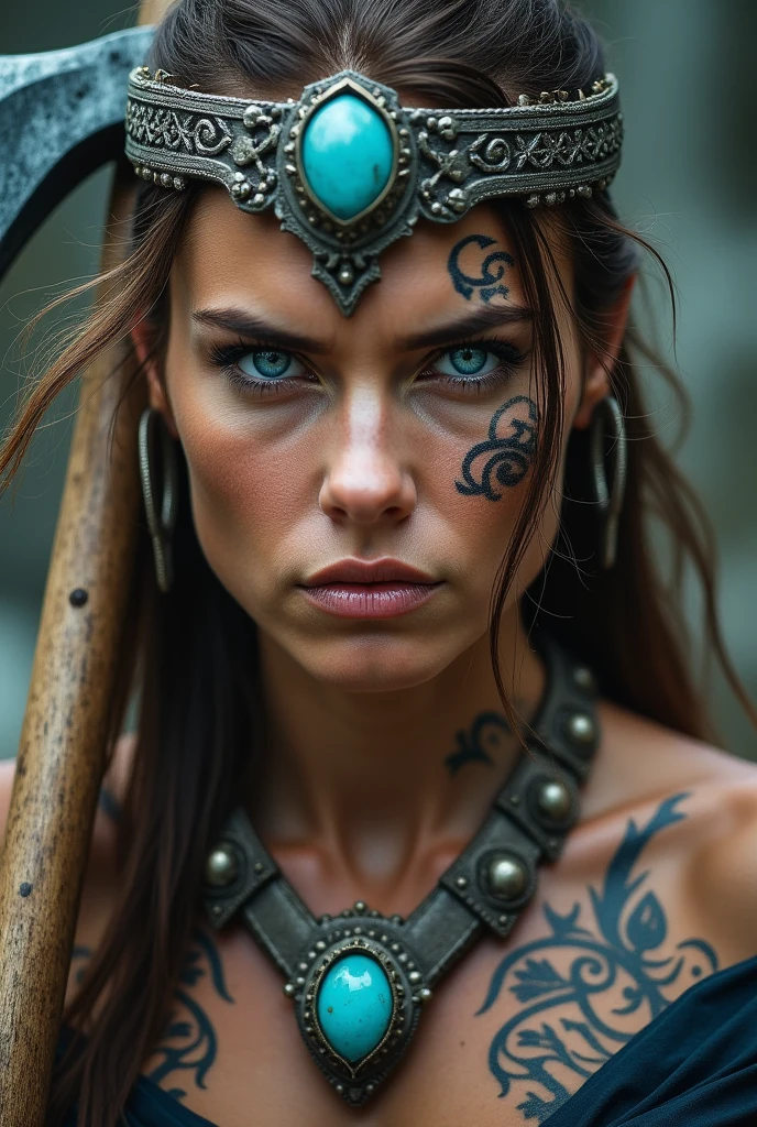 Close up of nordic warrior with axe on display, Woman, blue eye, diagonal axe, large crown on head , necklace beautiful stones on the neck, tribal tattoo, Angry