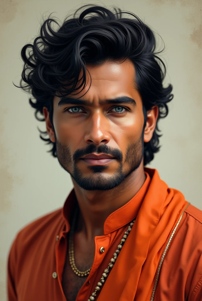 Indian Man with traditional outfit curly hair chiseled jaw blue eyes