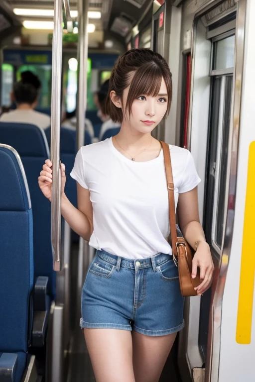 Japanese Trains、Very short pants、(Denim fabric hot pants)、Beautiful feet、Great style、slender、Mid-chest、Beautiful Skin、Smooth Skin、Beautiful thighs、Beautiful calves、cute、Beauty、Chignon Hair、Fair skin、(Brown Hair)、Upright、I am on a train、Grab onto the strap、(Voyeur)、White T-shirt、(Shooting from the side)、reduce noise、bright、(Not aware that they are being watched:1.3)、(pov peeping)