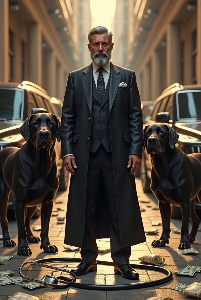 (photorealism:1.2), a Text written "Dr.Israel", with money filled all over the place, many royal black cars, two big royal dogs , a big stethoscope,  a rich background, thanking god