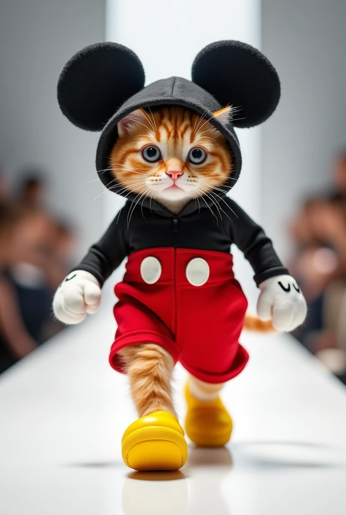 (photorealism:1.2), a cute ginger cat wearing mickey mouse clothes walking on the runway