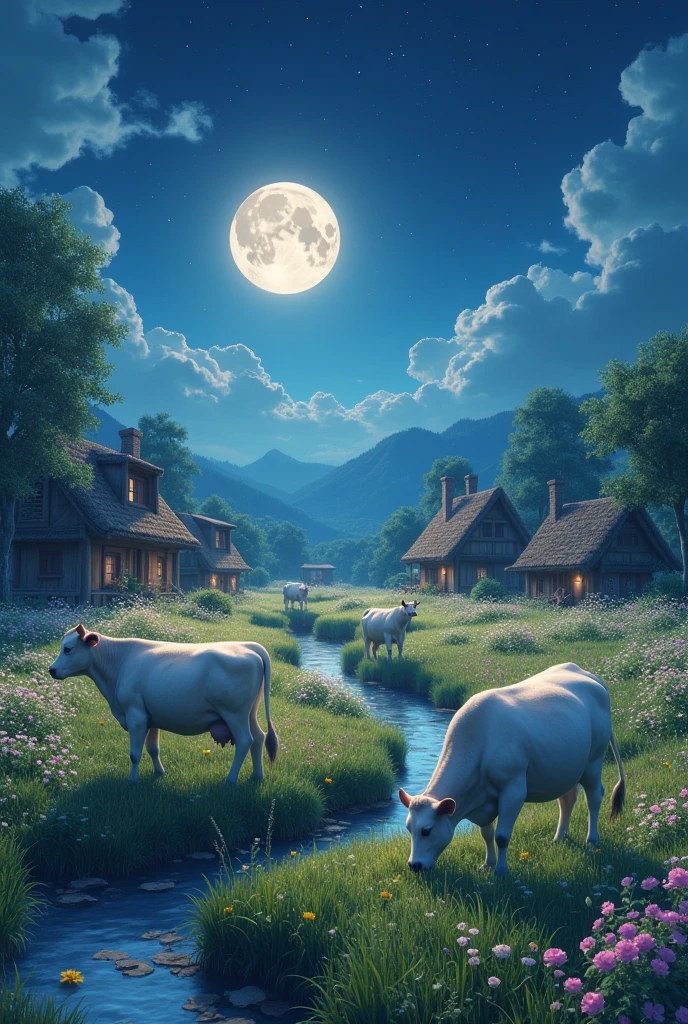 Villeg . 3 cow . Night . Flowers . ultra high quality