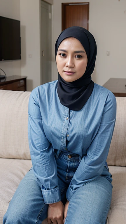 indonesian woman 40 years old, hijab, beautiful face, soft smile, sweet face, fair skin, jeans, long shirt, sitting on sofa