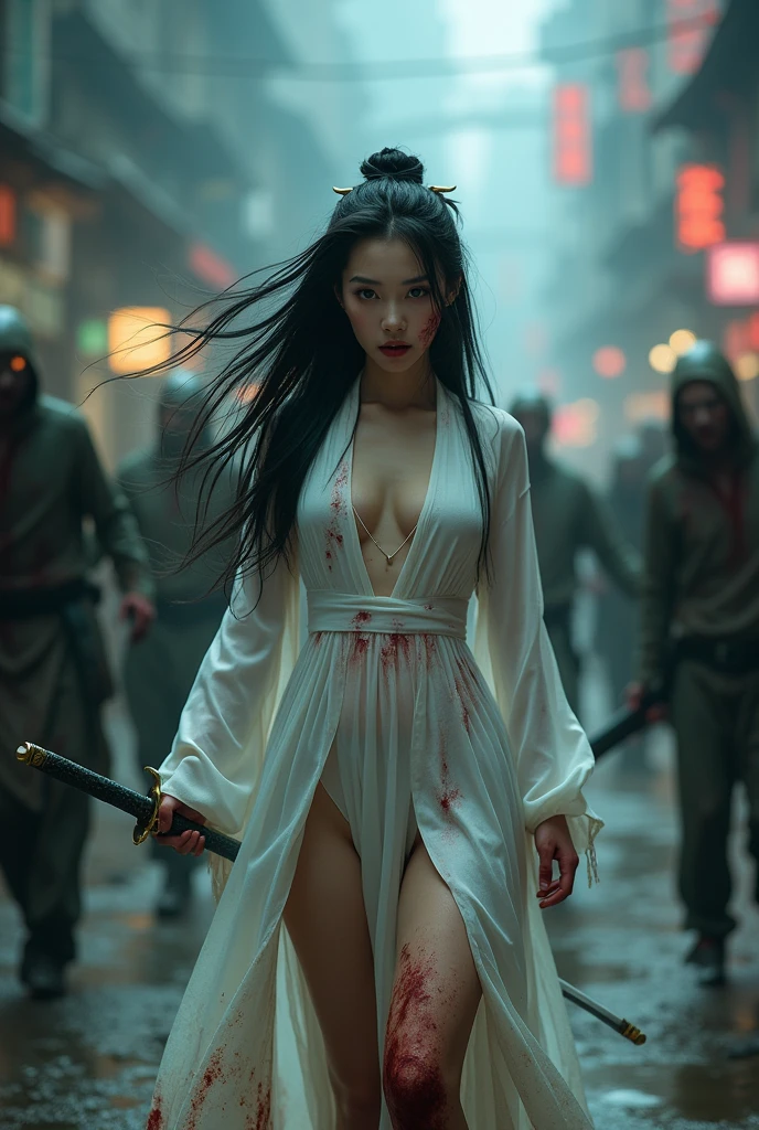 Chinese Hanfu dress wearing white clothes holding a sword. Chinese Hanfu dress in white clothes, Bloody., under a small t-shirt, Blood dripped down, Zombies chasing her, Zombies running after her, ใบหน้าBloody., เลือดบนclothesของเธอ, ตัวเล็กในชุดเสื้อสีขาวBloody., clothesBloody., Torn and dirty mini skirt, กระโปรงสั้นBloody., Blood on her bodyBloody., Blood dripped down, Zombies chasing her, Zombies running after her, ใบหน้าBloody., เลือดบนclothesของเธอ, Blood on her body, arafed ผู้หญิงจีน posing for a picture, beautiful chinese woman, Korean girl, Beautiful Chinese girl, Chinese women, Chinese female fashion model, Look y, small breong hair, sexy posehow your breasts. darround, dark and rainy street the blurred nighttime, Blurred road in the background, nighttime, dark nighttime, City in Dogs, Dog Road, Rubble, smoke, destructionCity in Dogs, Dog Road, Rubble, smoke, destruction, rainy nighttime, shadow, dark alley, dawn, คติZombies, นักฆ่าZombies, Zombies, Not dead, Crowd of Zombies, monster, Film style: Local evil. (perfect skin, No blemishes or blemishes). ((best quality, 8ก, Masterpiece: 1.3)), Point of interest: 1.2, perfect shape beautiful woman: 1.4, perfect breasts: 1.2, ((Layircut, Beautiful breasts: 1.2)), (real clottures: 1.1), (A calm gesture holding a sword), clothes: 1.1, Highly detailed facial and skin textures, Detailed eyes, Double eyelids, Bright skin, I'm real., “Imagine a character that radiates an aura of mystery and intrigue.. Her skin looks so realistic that every texture and shade stands out from the image., สะท้อนแสงและshadowได้อย่างลงตัว. The skin should show a subtle color., from the warm tones of natural blush to the cool shadow under the eyes, Captures the intricate and beautiful details of human skin in full detail.. (Dark style with horror, Zombie Apocalypse style movie effects).
