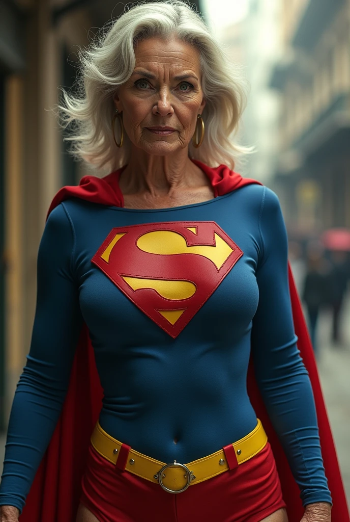superstrong old Supergirl Jean Smart Supergirl((1980s Superman costume);strong arms; incredible woman; big breasts. HD. Photograph, ((realism)), extremely high quality RAW photograph, ultra detailed photograph, sharp focus, high resolution, (detailed skin:1,3),high quality, film grain, Fujifilm XT3,Highly Detailed, movie, (Cinematic Photo:1.3) of (Realistic:1.3), by John Byrne/Jerry Ordway