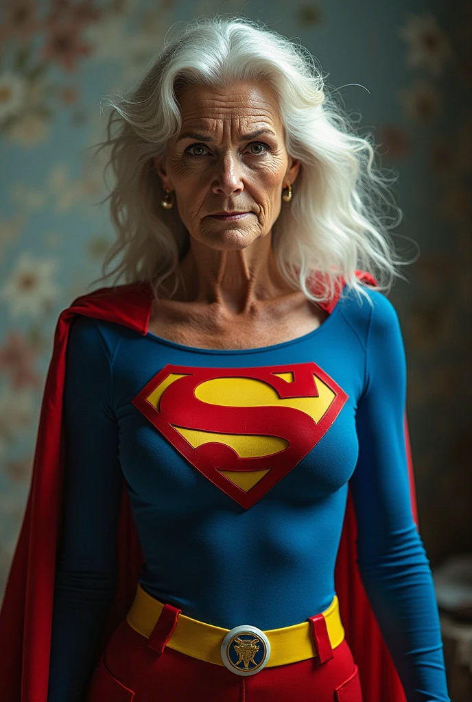 superstrong old  Supergirl Jean Smart Supergirl((1980s Superman costume);strong arms; incredible woman; big breasts.  HD. Photograph, ((realism)), extremely high quality RAW photograph, ultra detailed photograph, sharp focus, high resolution, (detailed skin:1,3),high quality, film grain, Fujifilm XT3,Highly Detailed, movie, (Cinematic Photo:1.3) of (Realistic:1.3), by John Byrne/Jerry Ordway